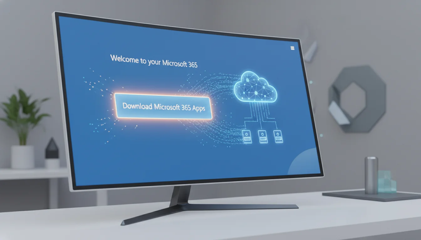 Màn hình máy tính với dòng chữ "Download Microsoft 365 Apps"