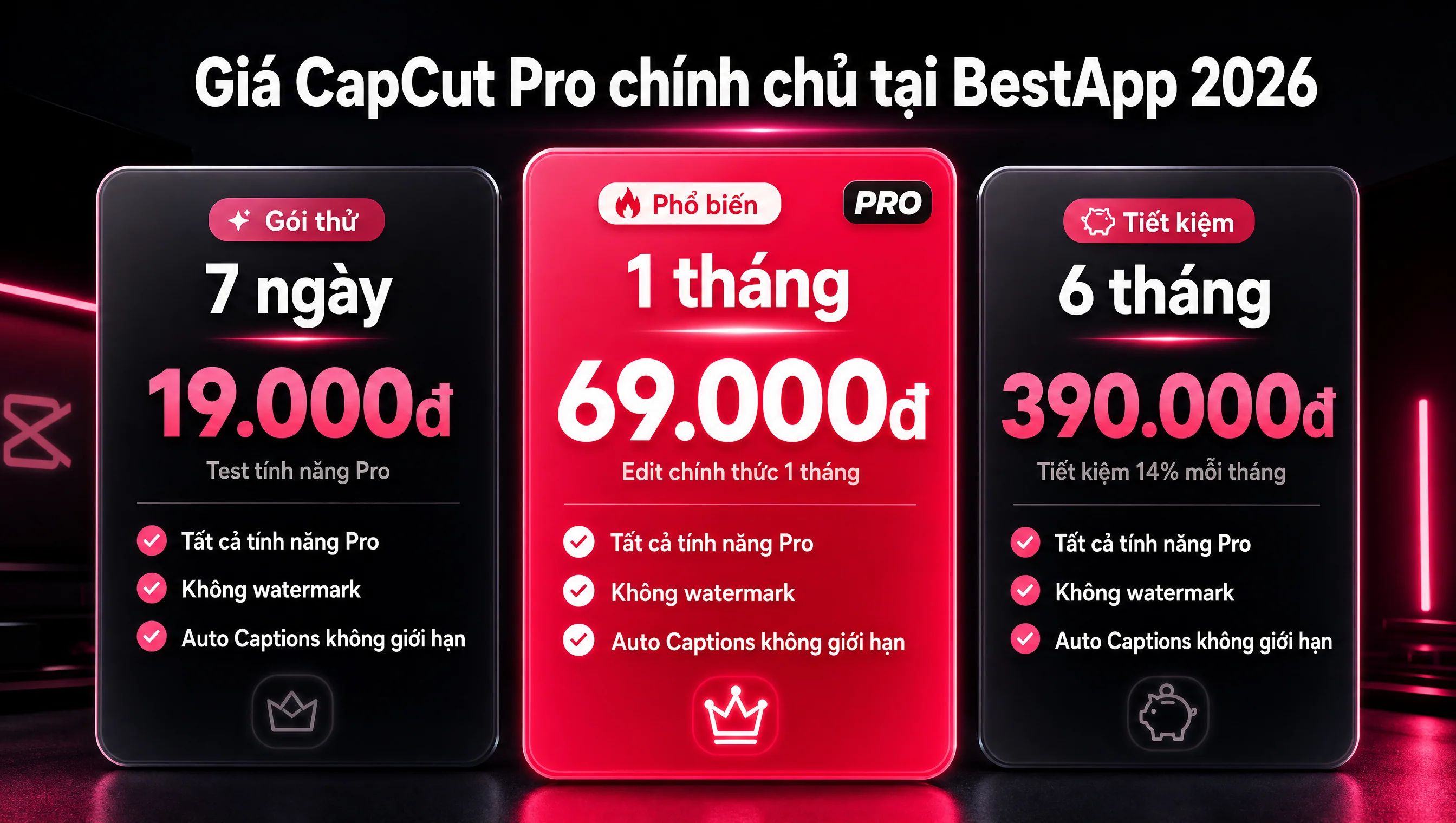 Bảng giá CapCut Pro chính chủ tại BestApp 2026: 3 gói 7 ngày 19.000đ, 1 tháng 69.000đ, 6 tháng 390.000đ tiết kiệm 14%