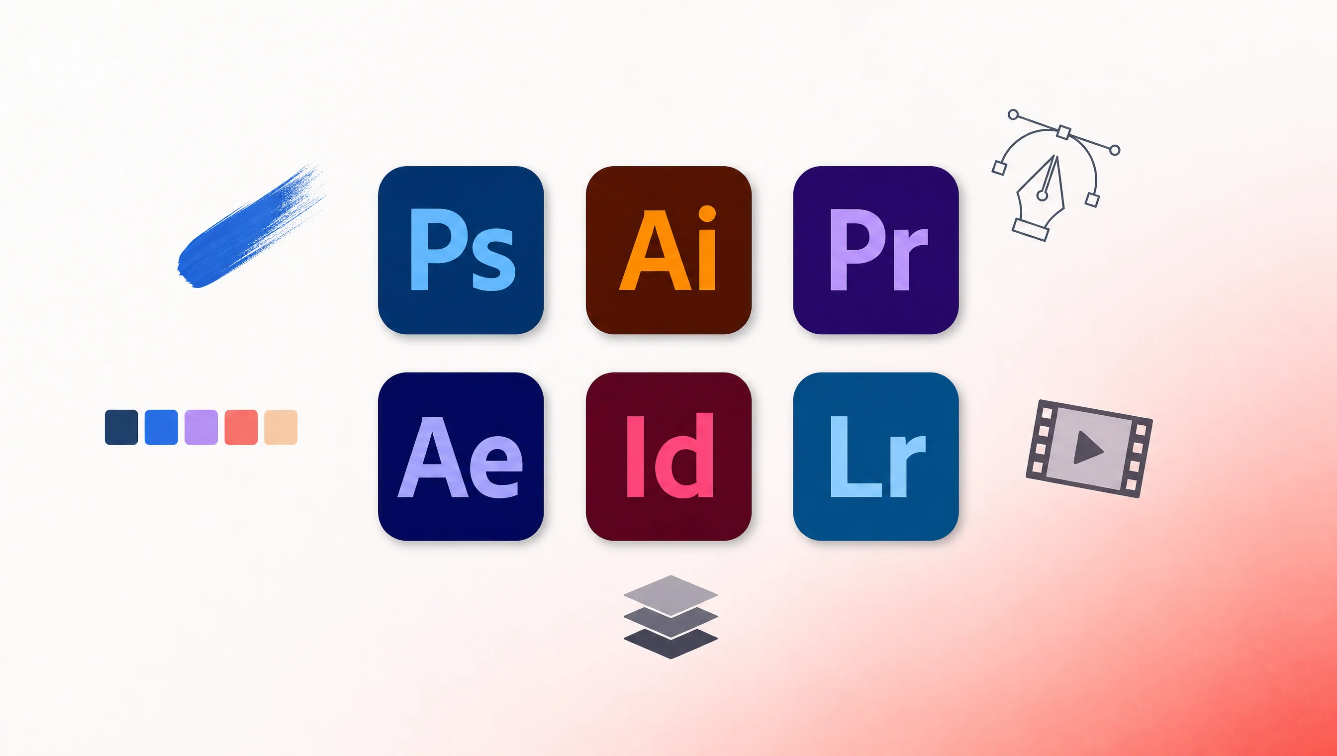 Adobe Creative Cloud suite, app icon lineup Photoshop Illustrator Premiere InDesign After Effects Lightroom