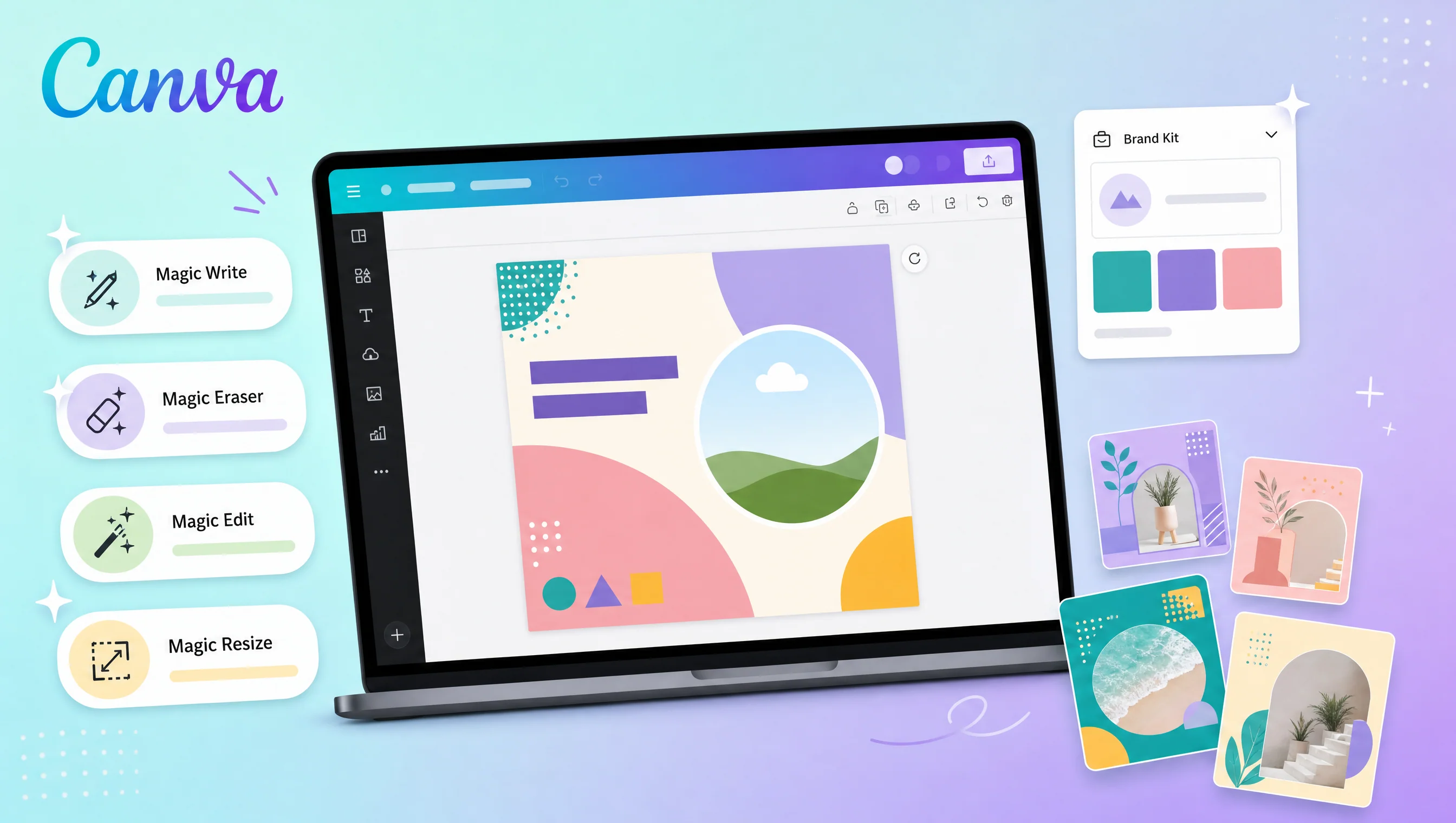 Canva Pro editor template với Magic Suite AI tools bao quanh, brand kit panel bên phải