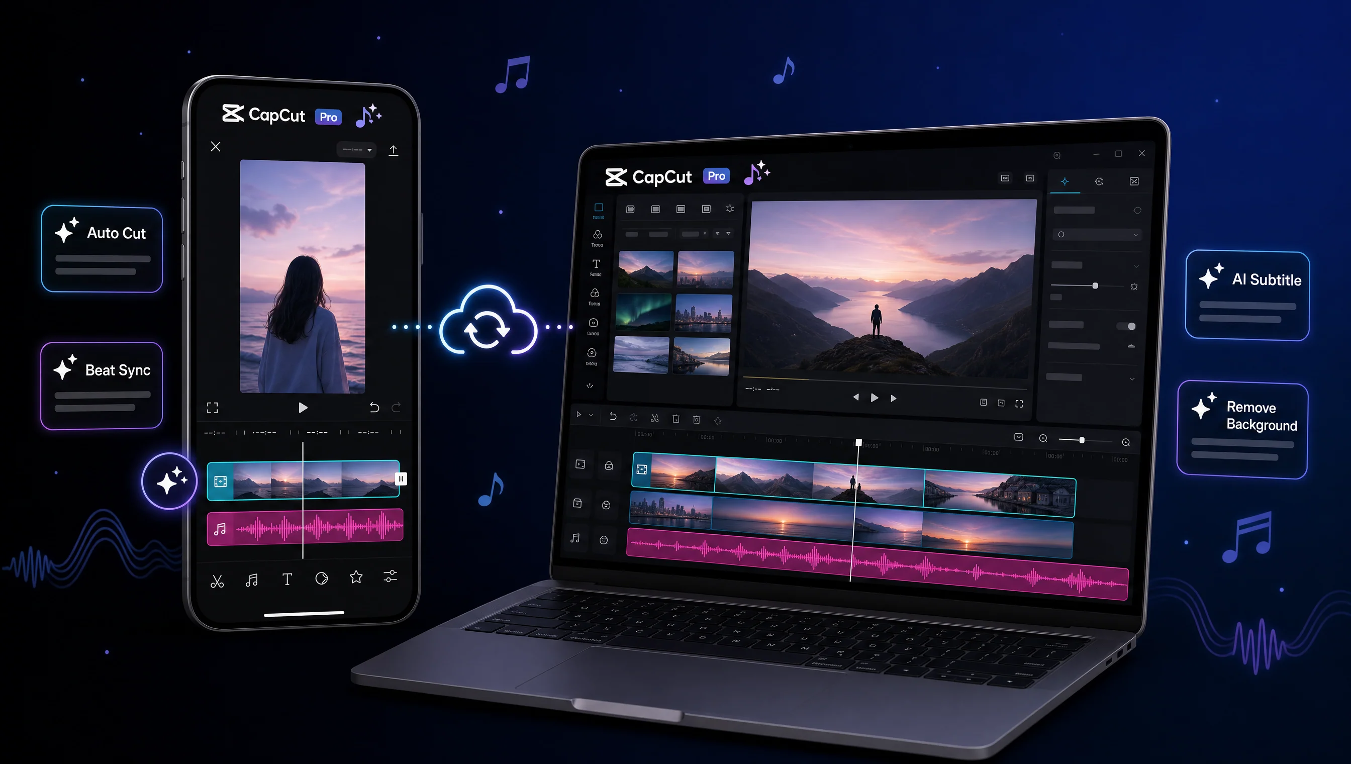 CapCut Pro mobile + desktop với AI Magic Tools panel, AI Subtitle tiếng Việt, kho nhạc Pro