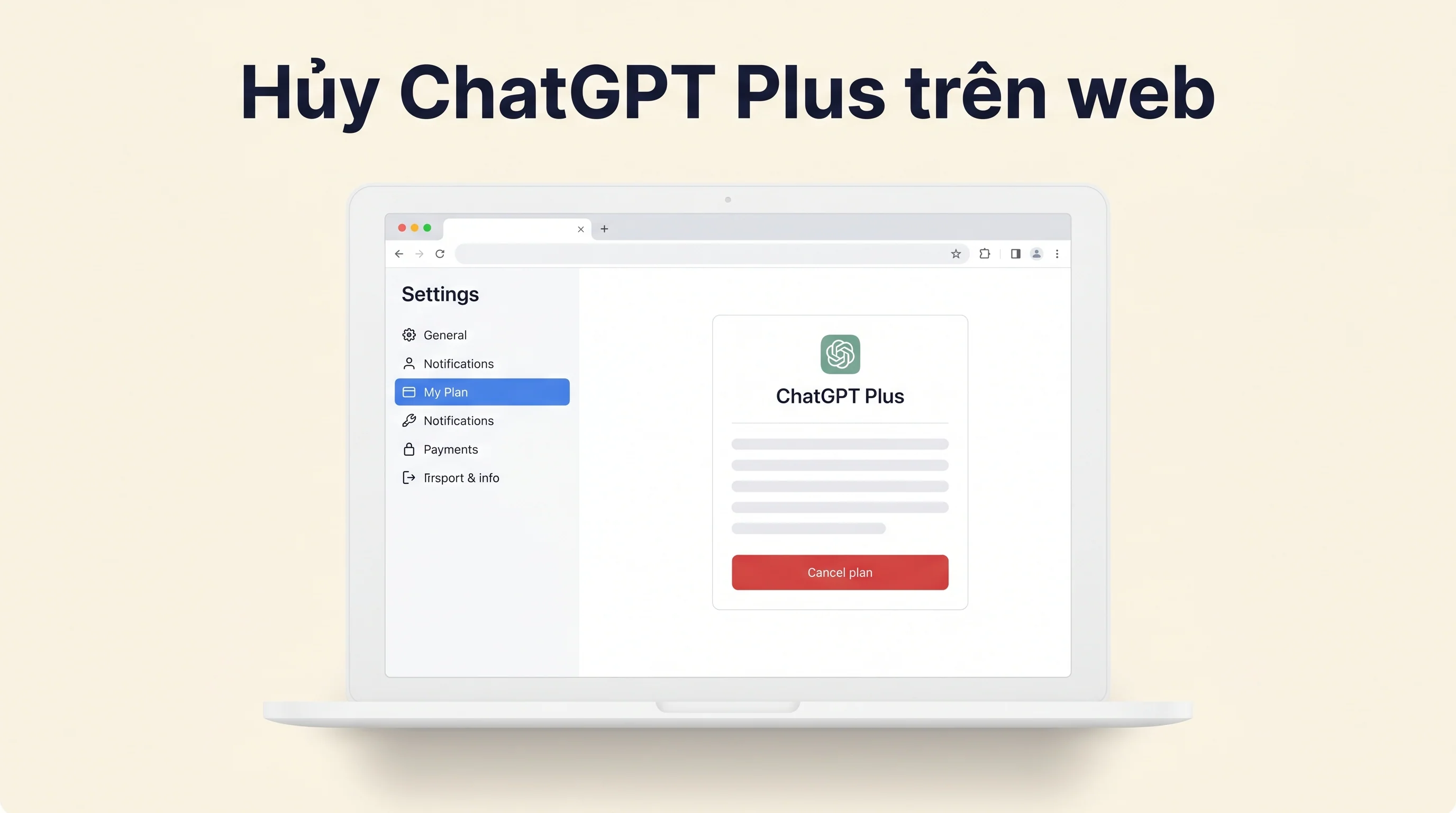 Giao diện hủy ChatGPT Plus trên web OpenAI bằng nút Cancel plan trong My Plan settings menu