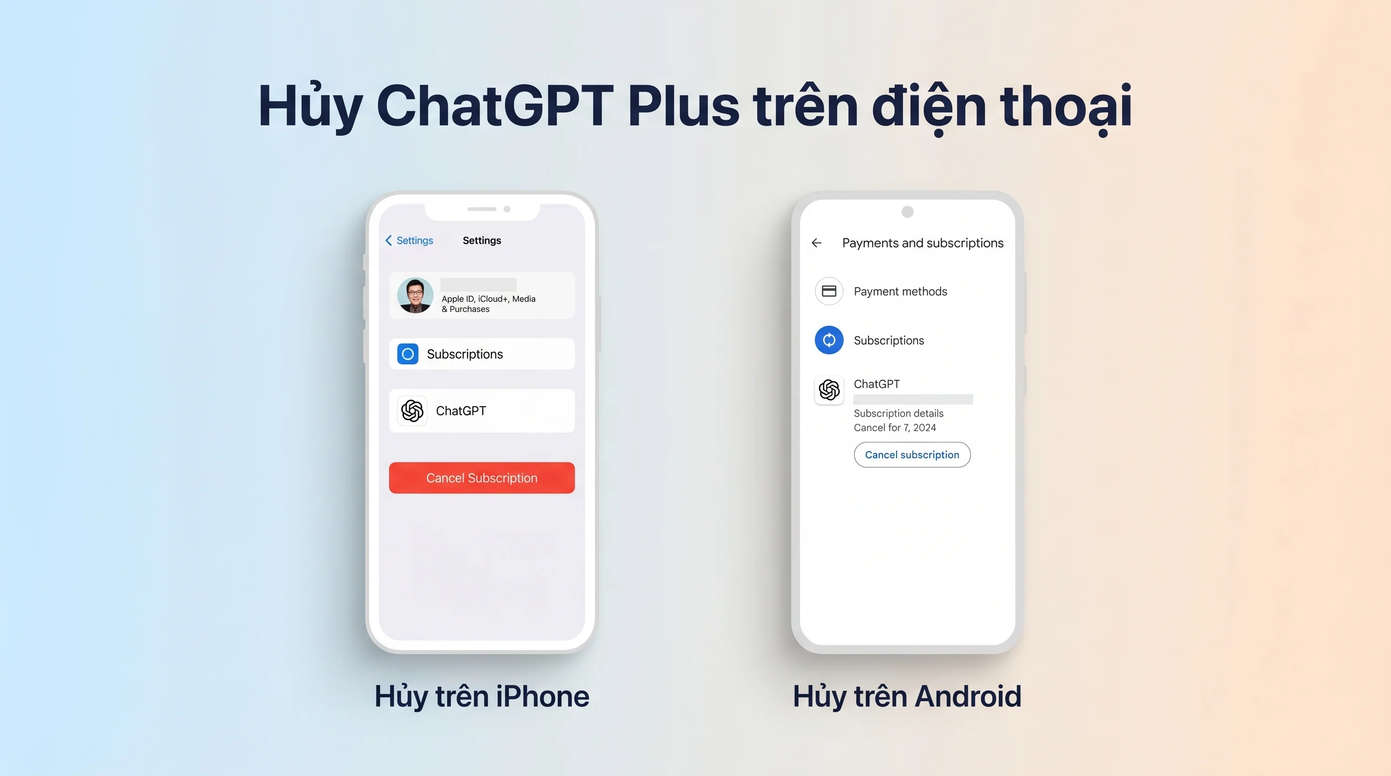Cách hủy ChatGPT Plus trên iPhone qua App Store Subscriptions và trên Android qua Google Play Store