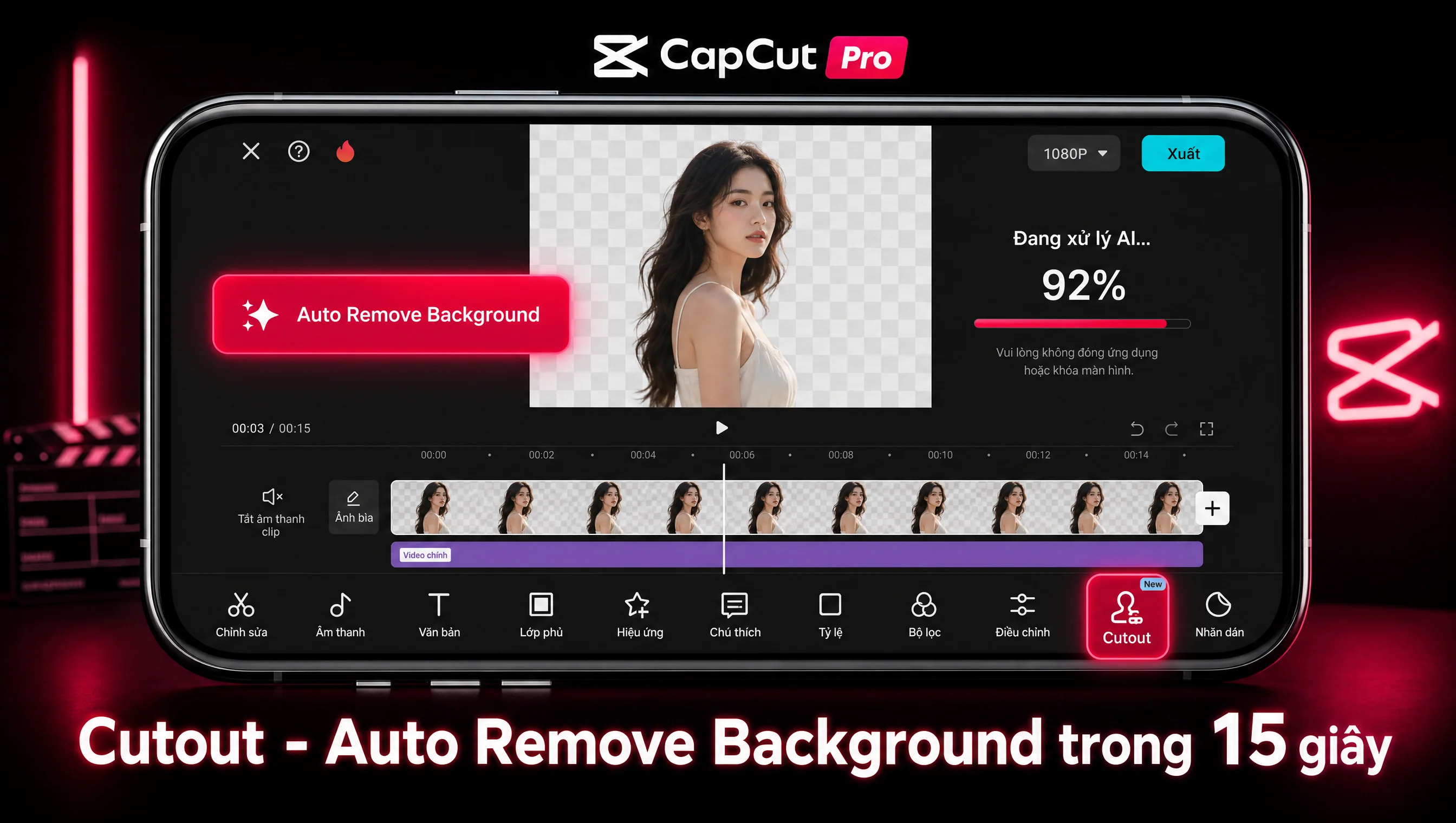 Giao diện Cutout panel trong CapCut Pro với nút Auto Remove Background highlighted, progress bar AI 92% đang xử lý