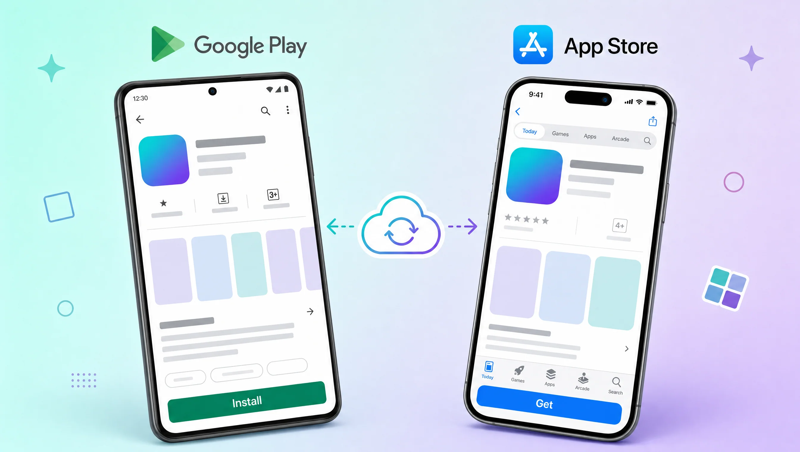 Cài Canva trên Android và iOS, smartphone hai bên với app icon Canva tím-cyan