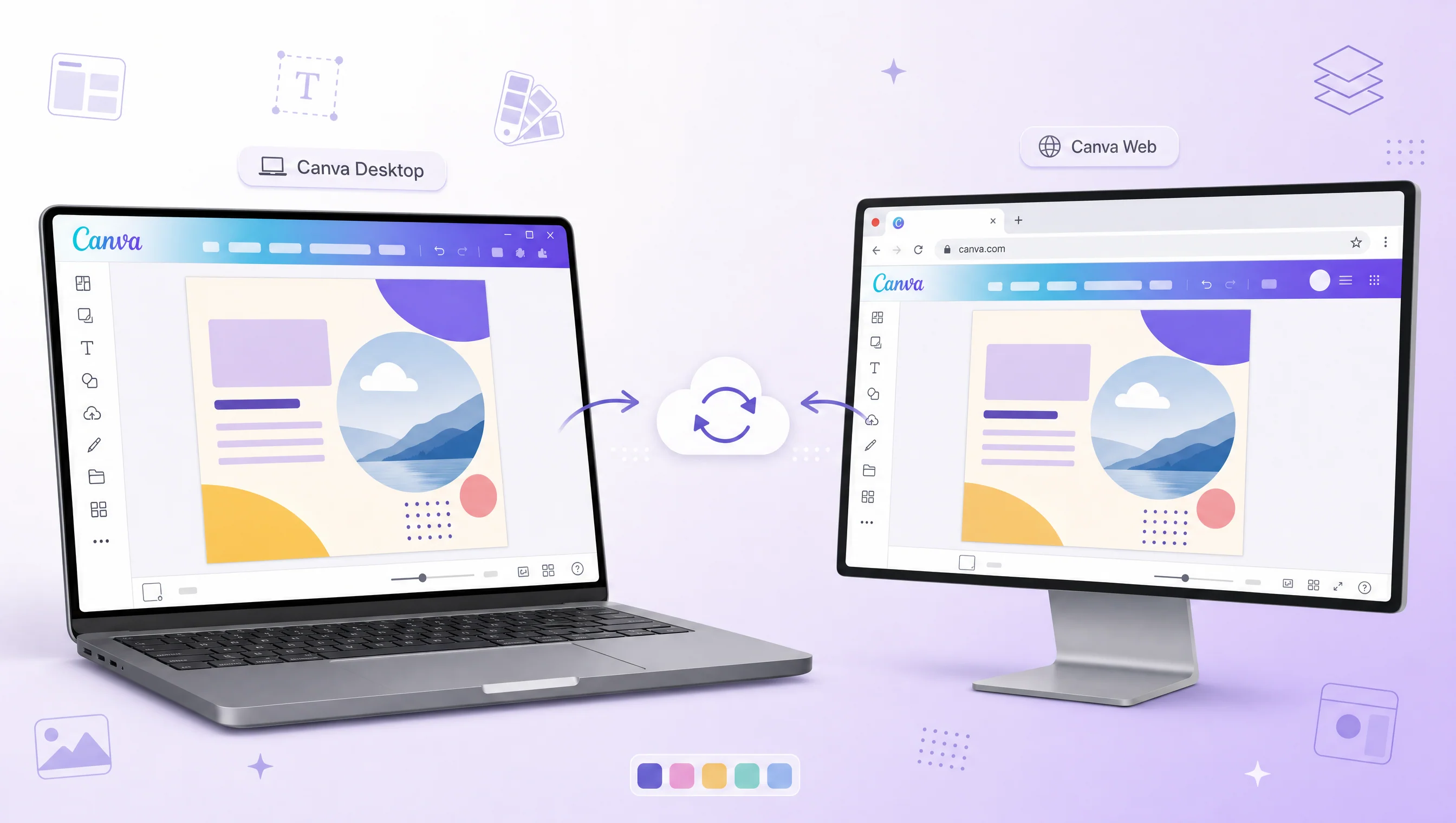 Canva Desktop trên laptop và Canva Web trên trình duyệt, đồng bộ đám mây giữa hai thiết bị