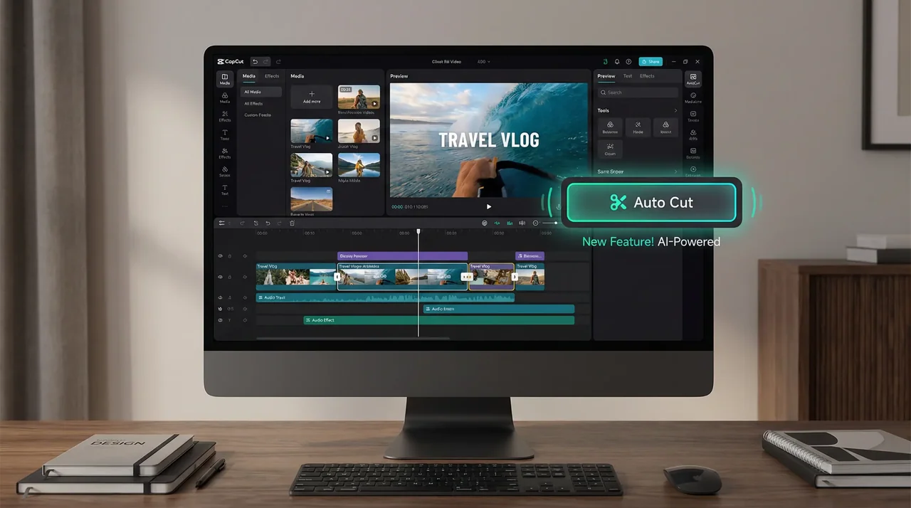 Giao diện CapCut Desktop với badge Auto Cut được đánh dấu là New Feature AI-Powered, hiển thị timeline video Travel Vlog đang được AI quét xử lý