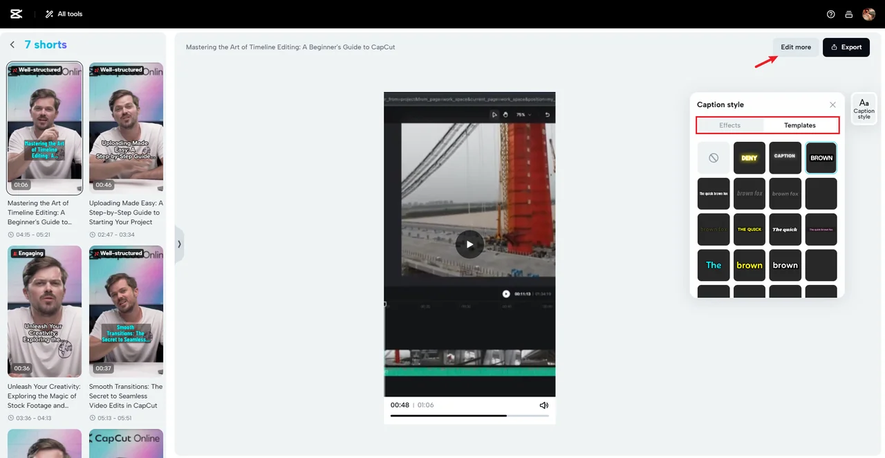 Kết quả CapCut Online tạo ra 7 đoạn Shorts từ một video dài, mỗi đoạn có nhãn Well structured hoặc Engaging và tiêu đề riêng, kèm bảng Caption Style để chỉnh font phụ đề