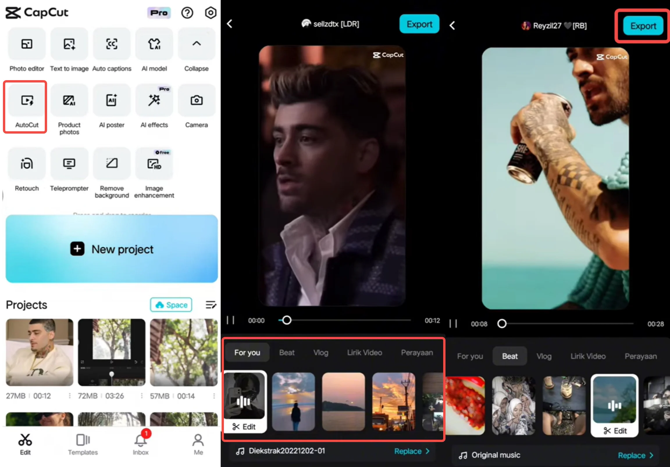 Ba màn hình điện thoại CapCut nối tiếp nhau: tile AutoCut Pro trong menu công cụ, video Shorts được AI tạo ra, và bảng chọn template For You Beat Vlog Lirik Video Perayaan