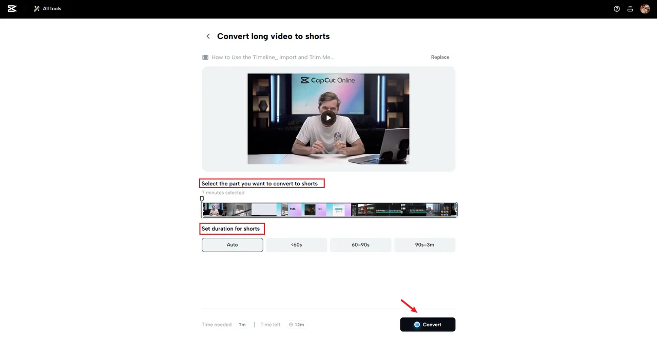 Giao diện CapCut Online Convert long video to shorts với preview video dài 7 phút, thanh chọn đoạn cần cắt và 4 lựa chọn độ dài Auto, dưới 60 giây, 60 đến 90 giây, 90 giây đến 3 phút