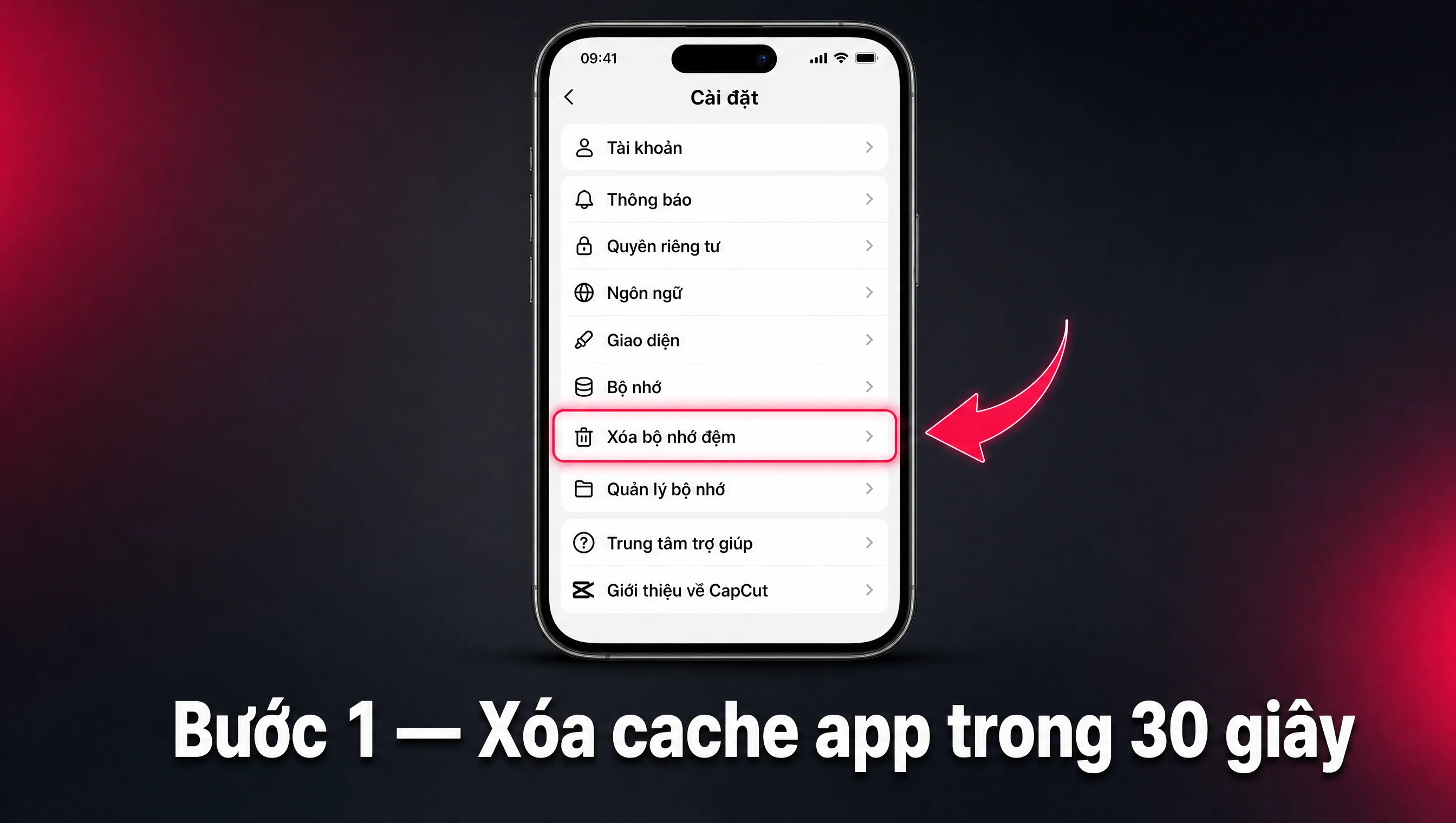 Hướng dẫn xóa cache app CapCut Pro trong Settings điện thoại để fix lag, crash, screenshot UI tiếng Việt