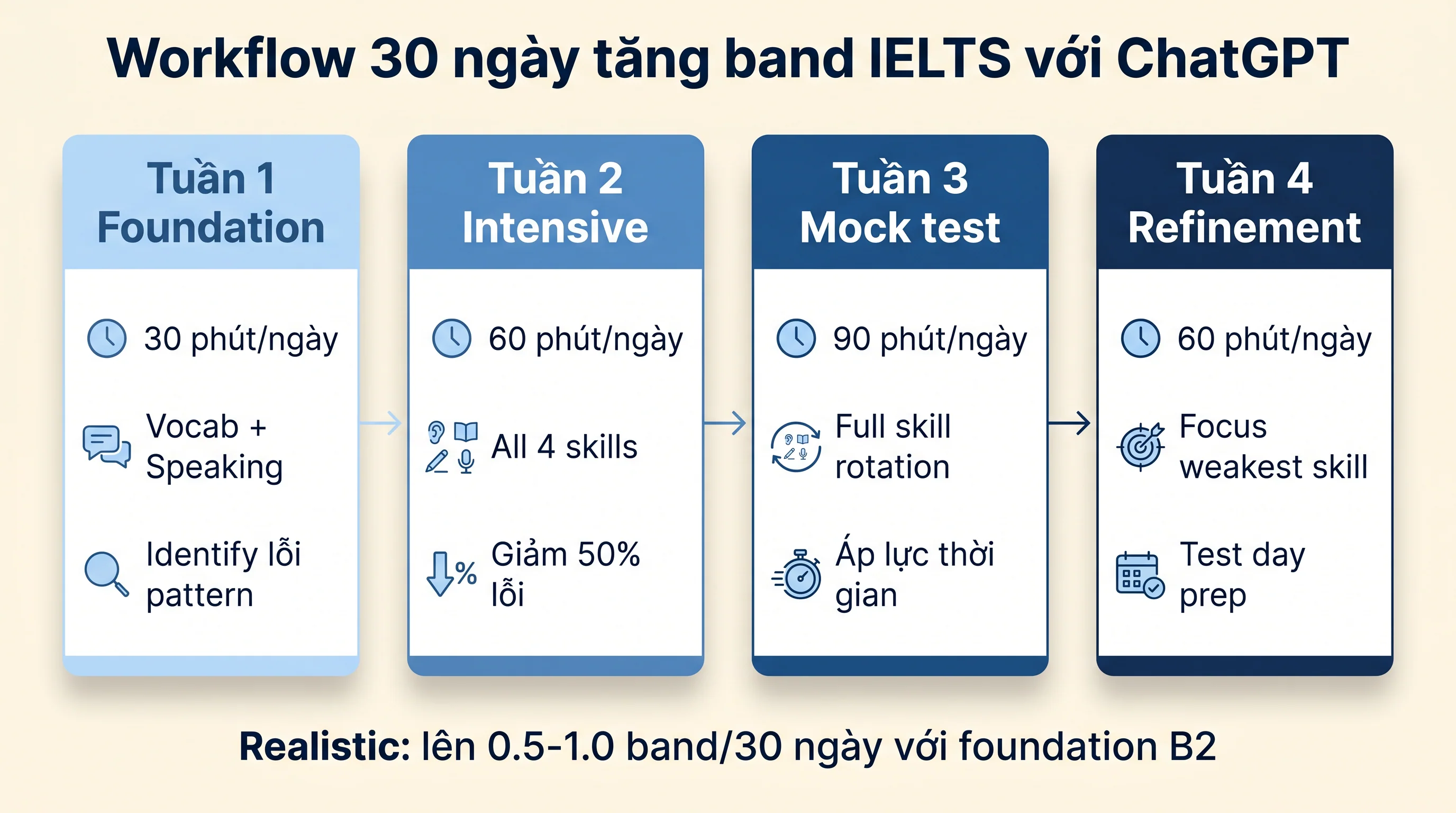 Workflow 30 ngày tăng band IELTS với ChatGPT cho người Việt qua 4 tuần Foundation Intensive Mock test Refinement