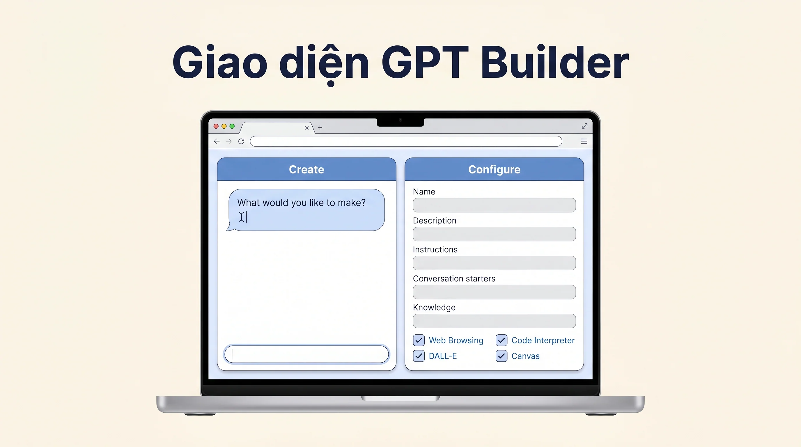 Giao diện GPT Builder của ChatGPT với 2 tab Create và Configure để tạo Custom GPT trong 10 phút