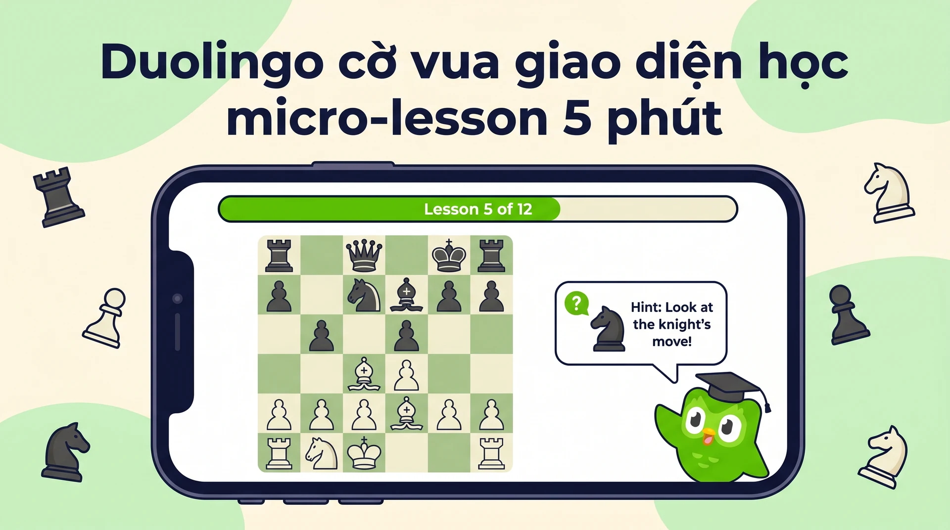 Giao diện Duolingo cờ vua micro-lesson 5 phút với hệ thống XP gamification