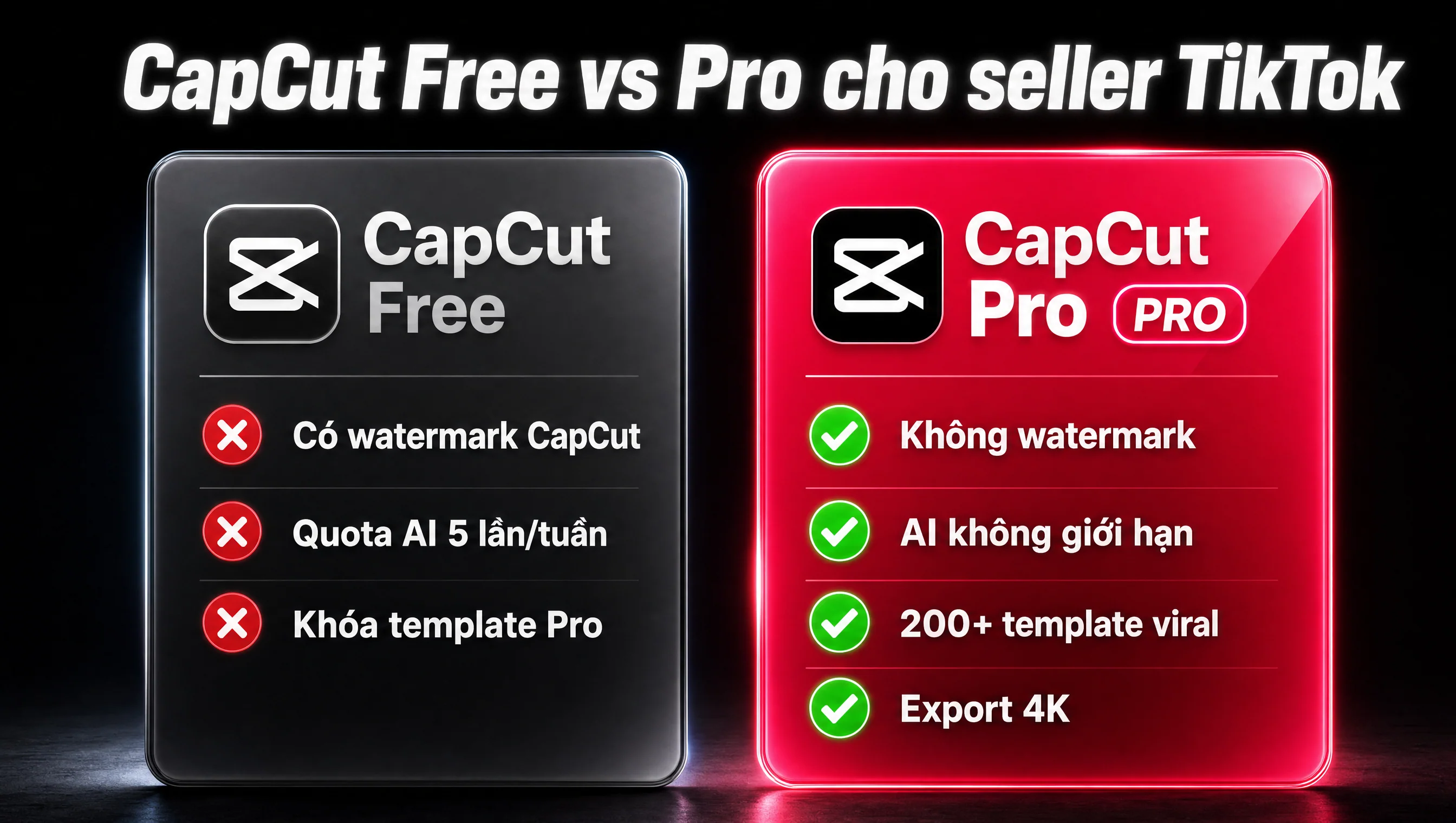 So sánh CapCut Free vs Pro cho seller TikTok: quota AI, template viral, watermark, export 4K, ai phù hợp hơn
