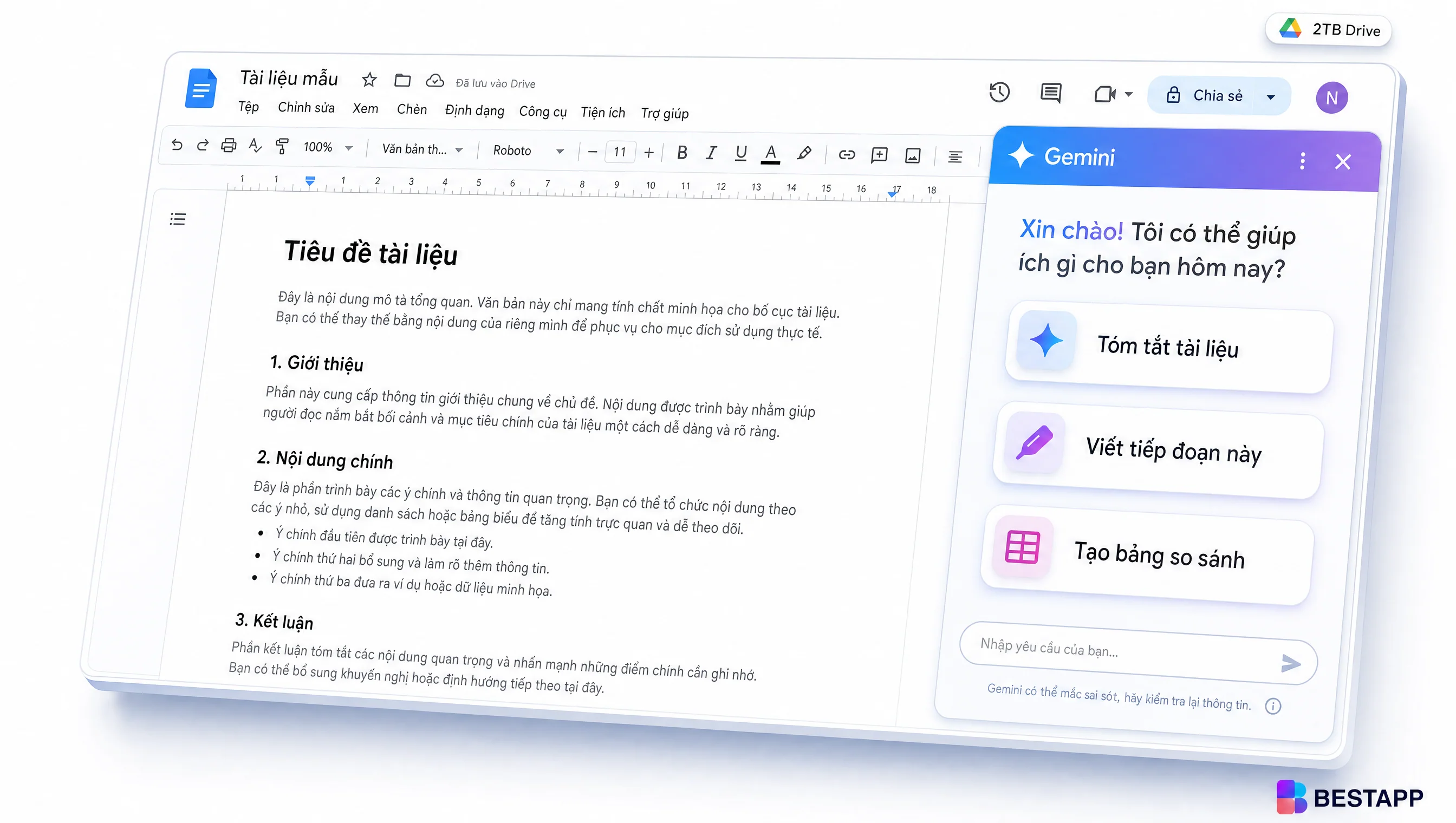Minh họa Google Drive 2026 đi cùng Google AI Pro với Gemini side panel trong Docs Sheets cho người Việt