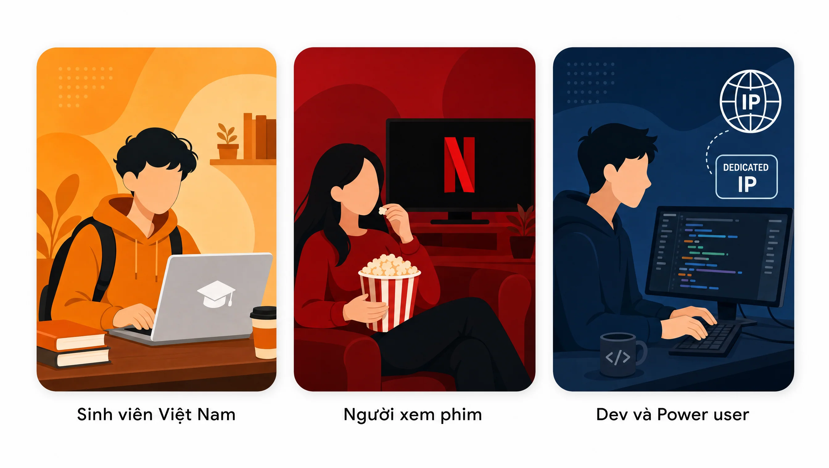 Ba nhân vật người Việt dùng HMA VPN, ExpressVPN, NordVPN: sinh viên, người xem phim, dev power user