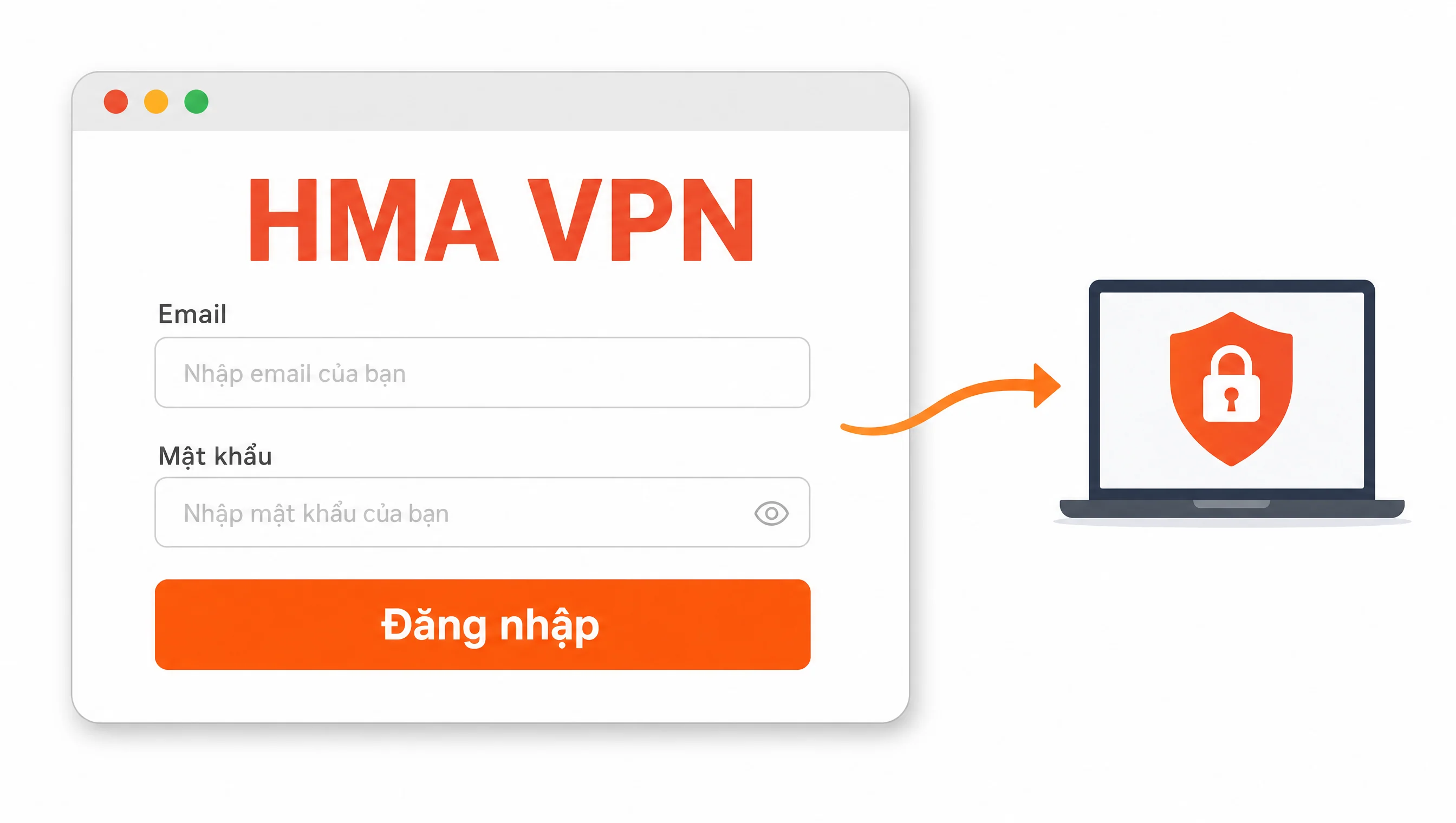 Hướng dẫn cài VPN bước 1: màn hình đăng nhập app HMA VPN với email và mật khẩu tiếng Việt