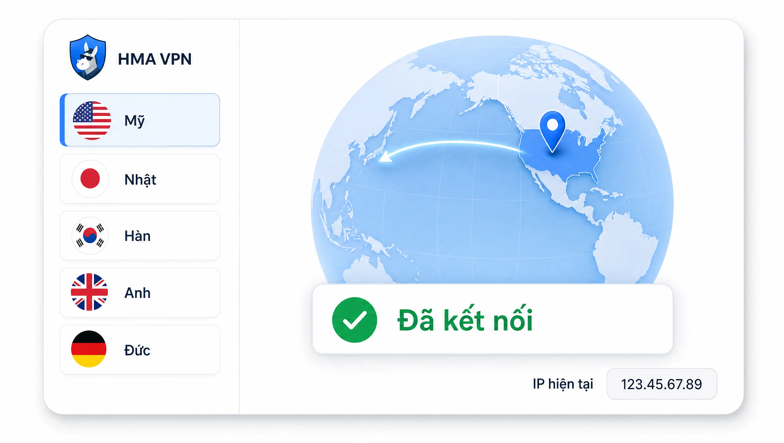 Hướng dẫn cài VPN bước 2: chọn server Mỹ Nhật Hàn Anh Đức trong app HMA VPN để xem Netflix US Disney