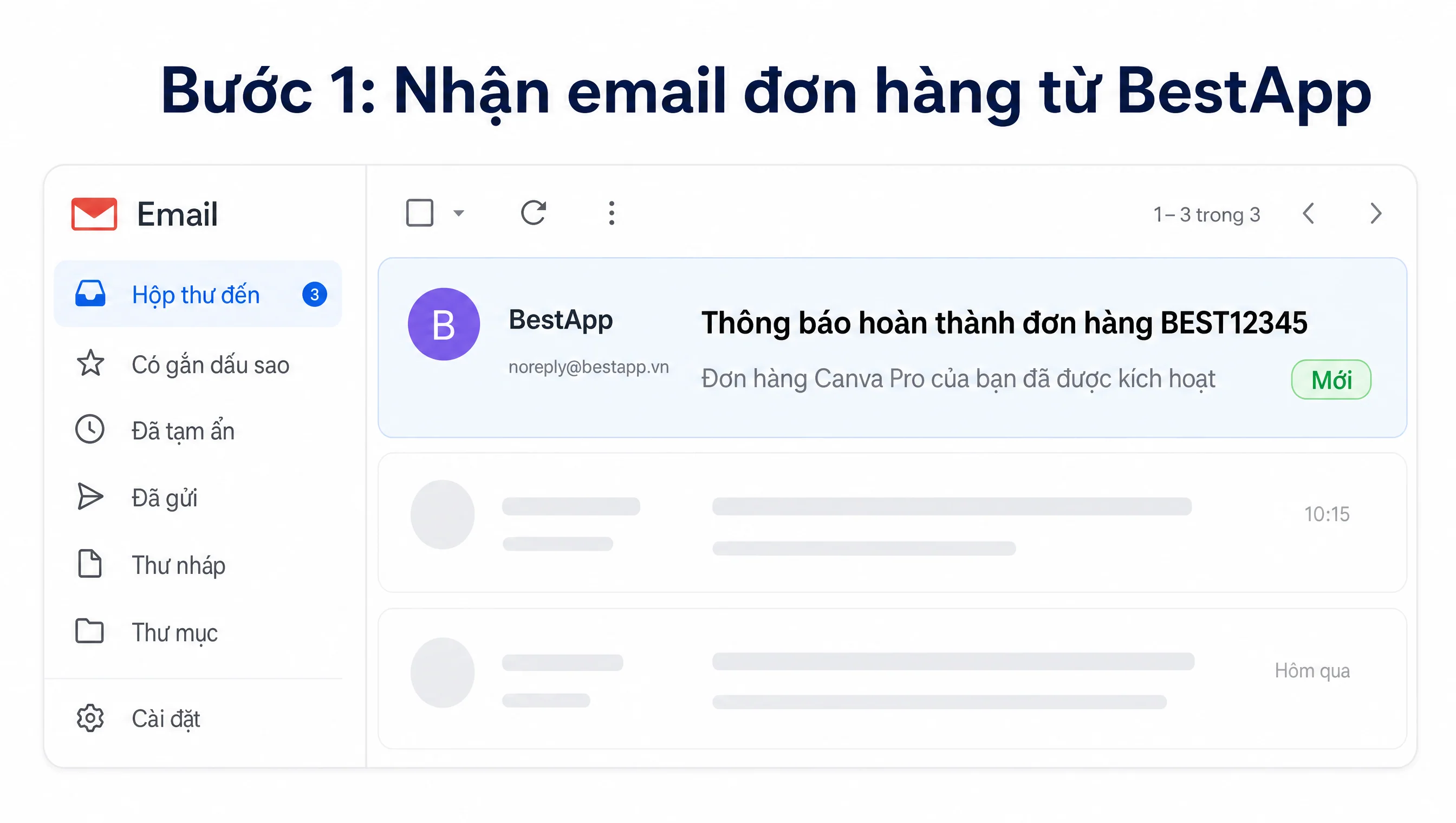 Mockup email inbox với email đơn hàng từ BestApp subject Thông báo hoàn thành đơn hàng BEST12345