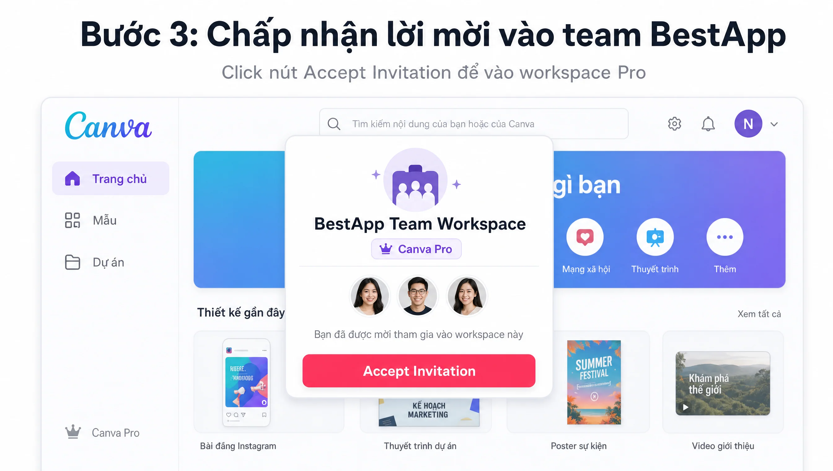 Mockup giao diện Canva chấp nhận lời mời vào team workspace BestApp với nút Accept Invitation