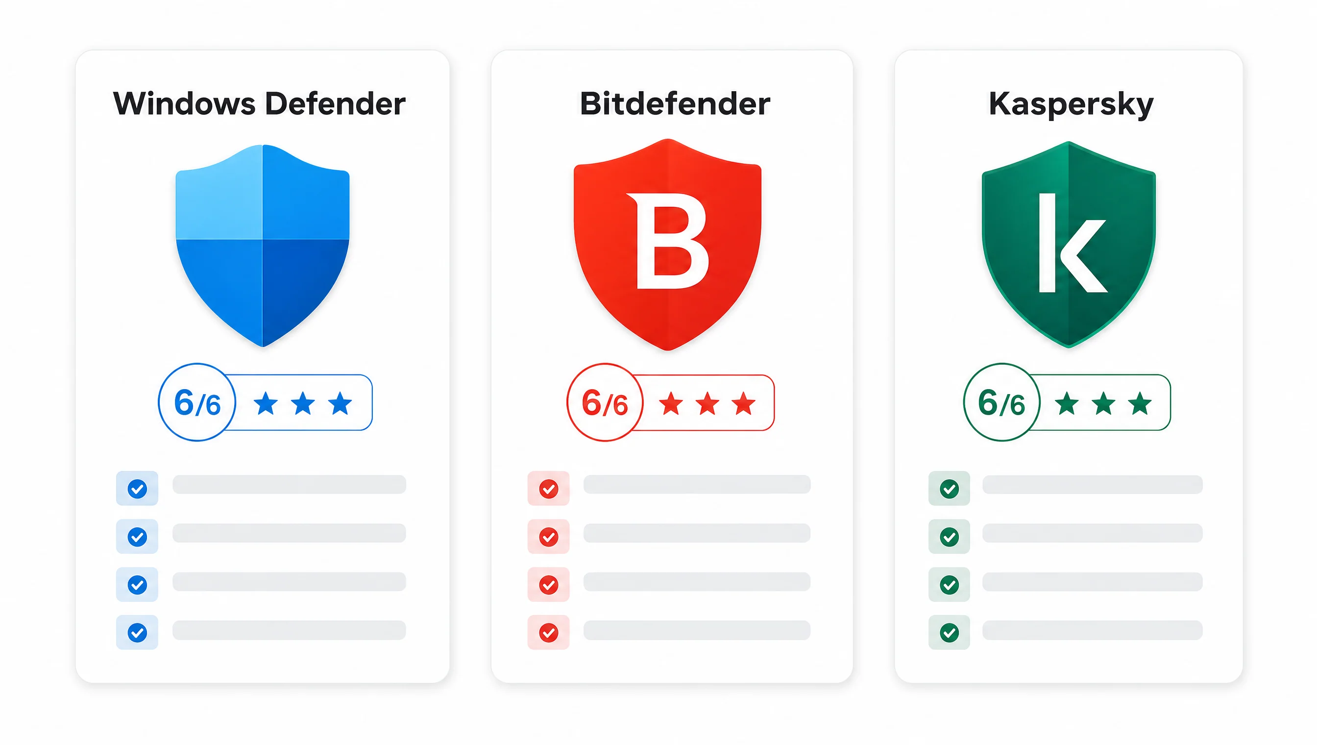 Ba lá chắn diệt virus: Windows Defender, Bitdefender, Kaspersky với điểm AV-TEST 6 trên 6 và sao đánh giá