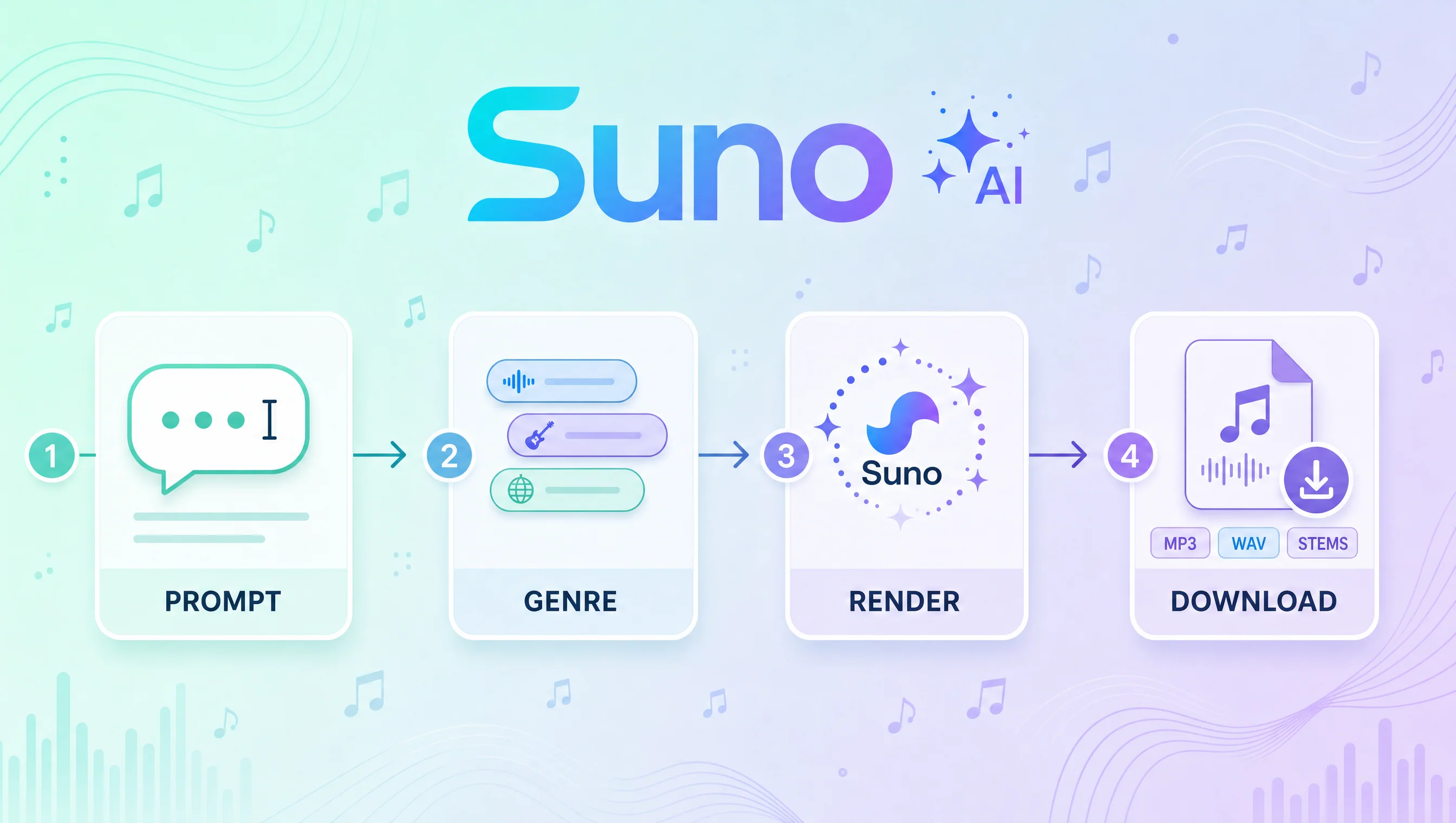 Cách tạo bài nhạc Suno AI 4 bước: prompt → chọn thể loại → render → tải về
