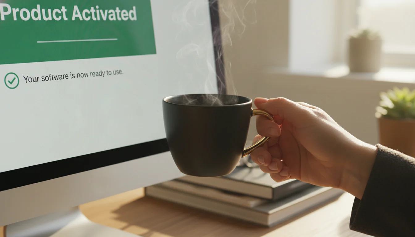 tách cà phê nóng bên cạnh màn hình hiển thị chữ "Product Activated"